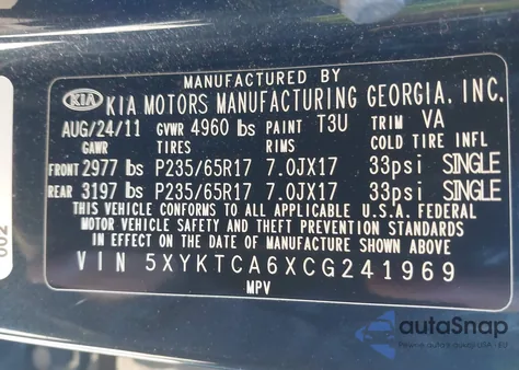 2012 Kia Sorento Lx from USA, damaged, VIN 5XYKTCA6XCG241969